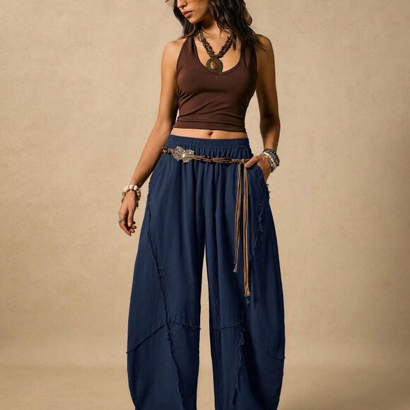 Blue Casual boho Women's Street Chic Minimalist Elastic Waist Side Pocket pants - Picture 7 of 9